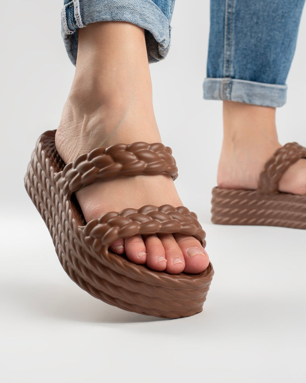 Brown Cotton Sandália Plataforma Feminino